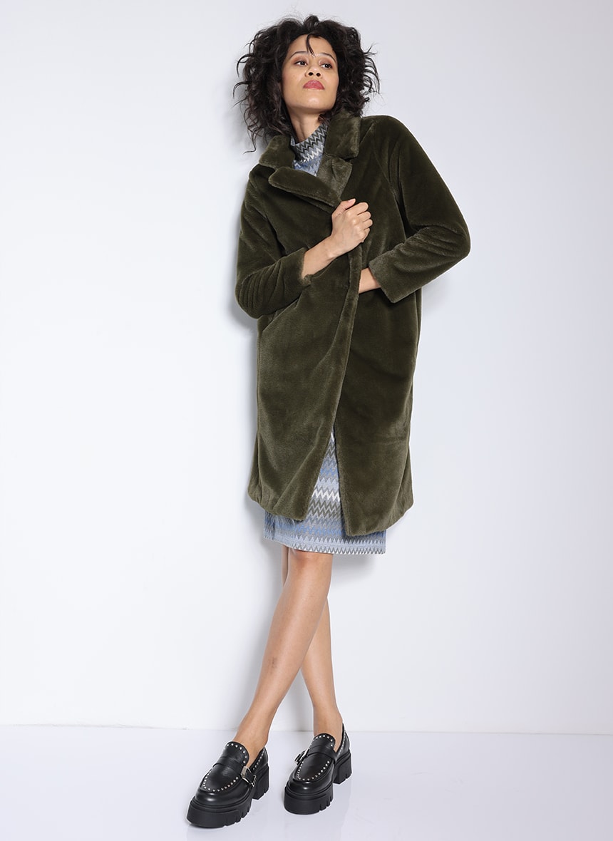 Fellmantel Leon Fake Fur Mantel in Olivegrün für Damen